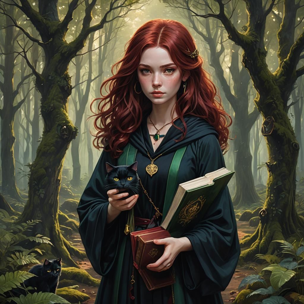 Dark Fantasy Girl with Black Cat in Forest