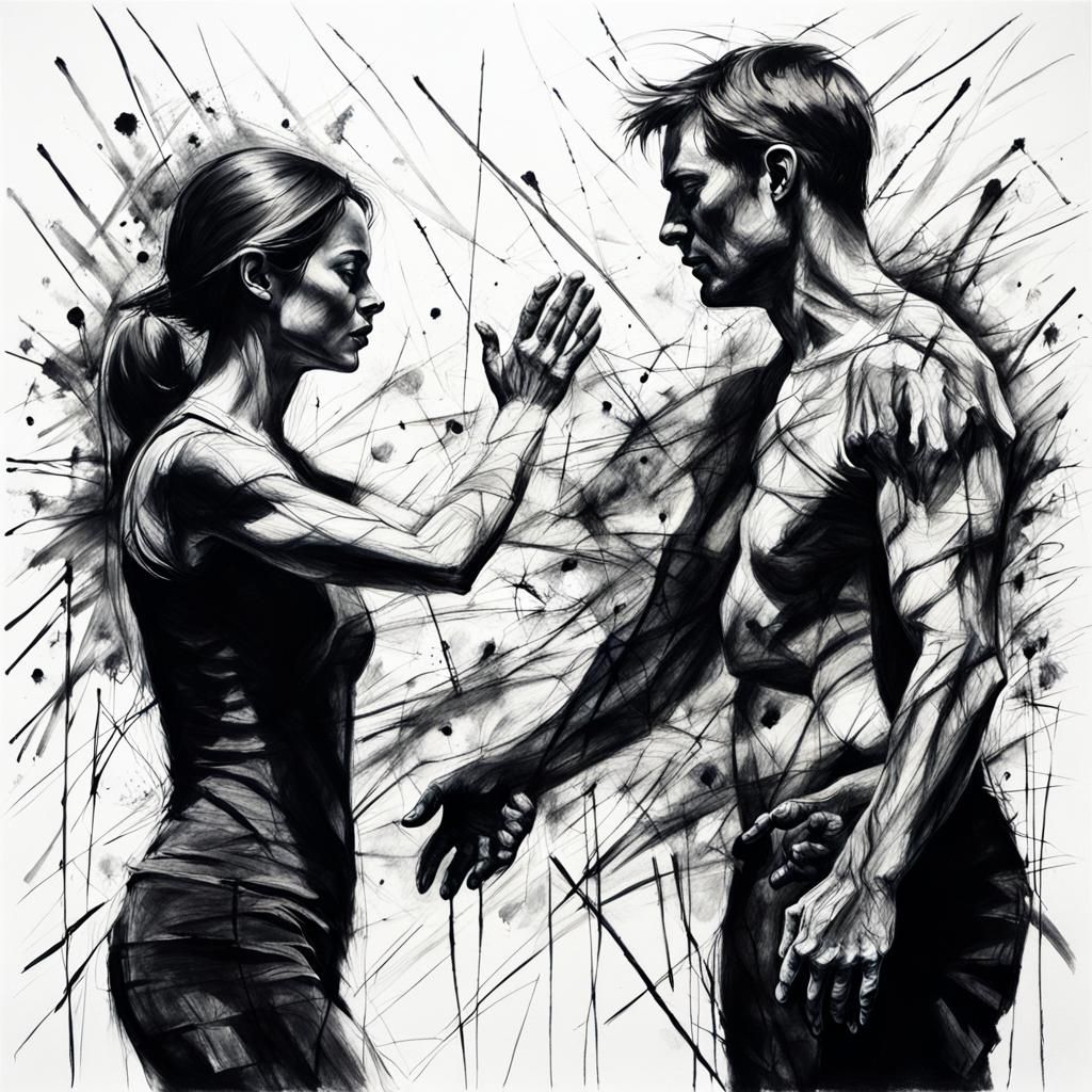 Dramatic Charcoal Drawing of a Couple Reaching