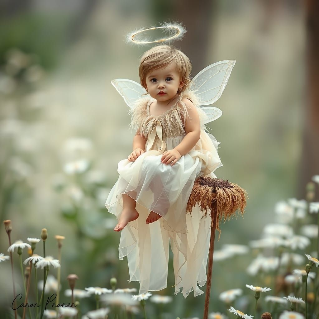 Fairy Toddler on Dandelion in Enchanted Forest