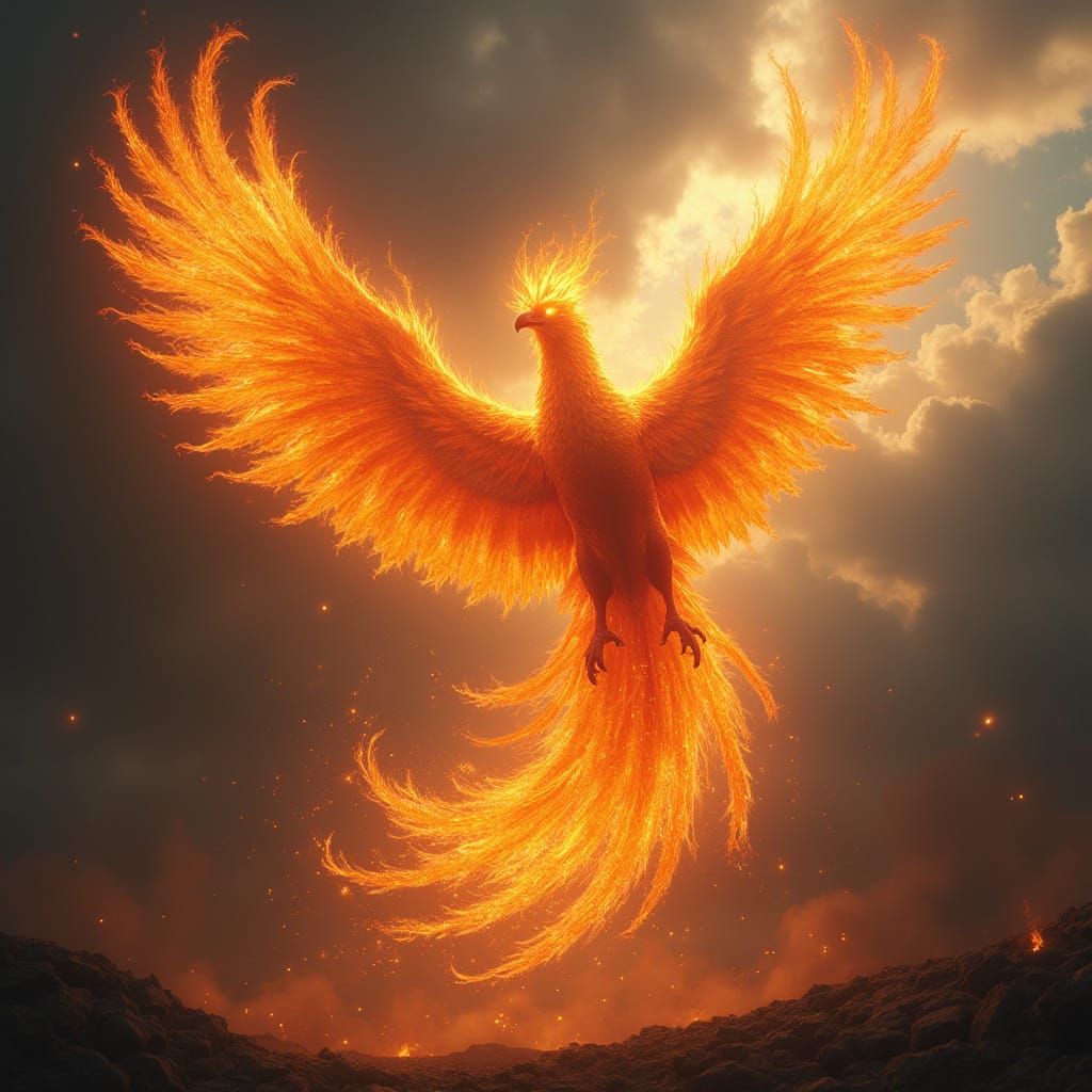 Fiery Phoenix Rising in Stormy Sky