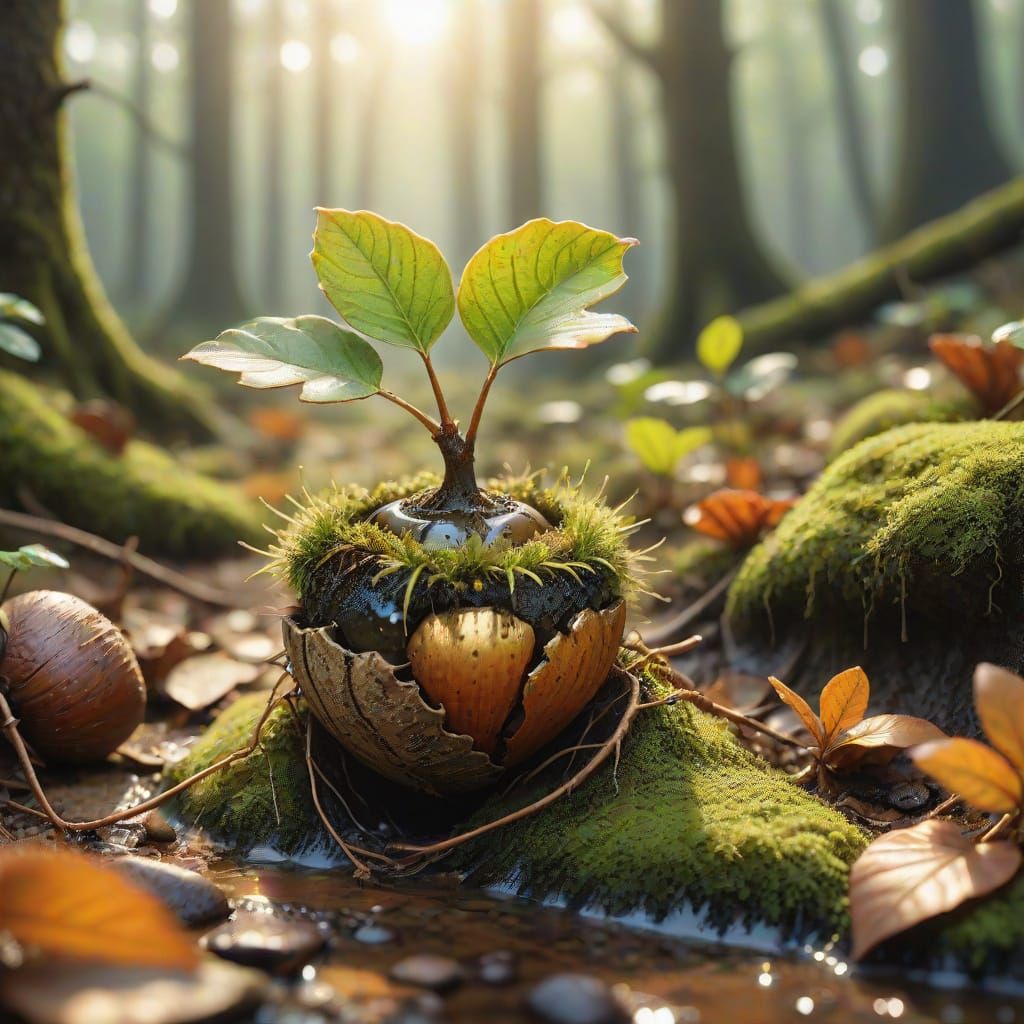 Acorn Sprouting New Life in Golden Hour Sunlight