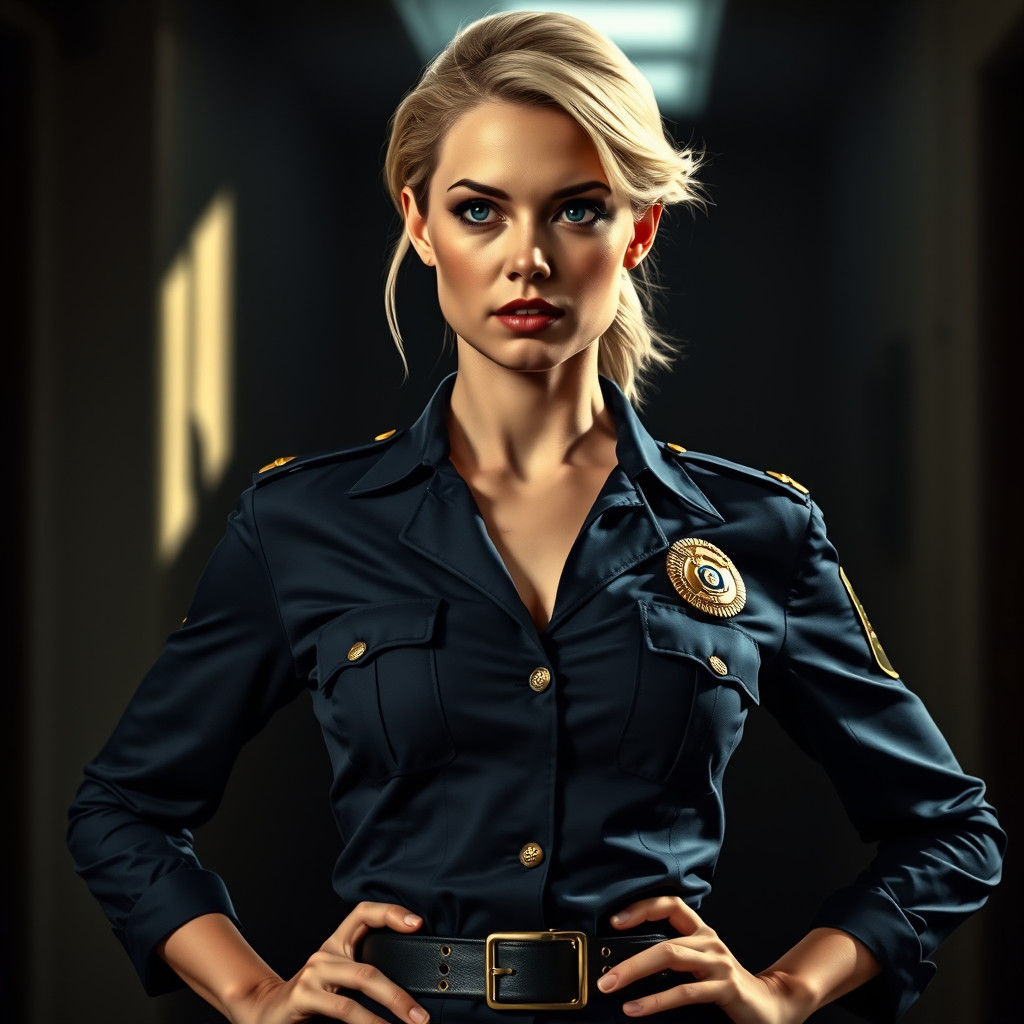 Hyperrealistic Blonde Police Officer in Moody Lighting