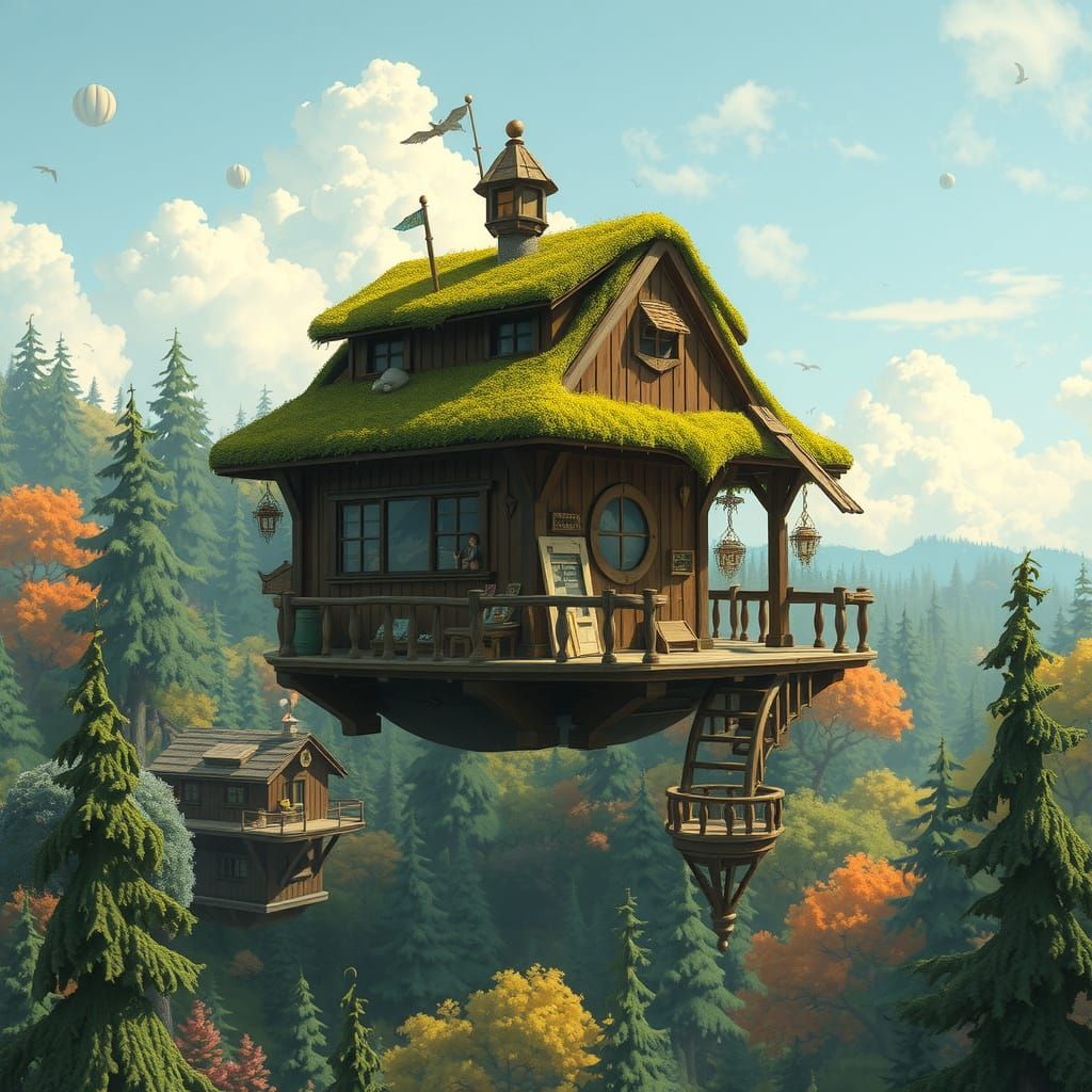 Whimsical Flying House Above Forest, Digital Art