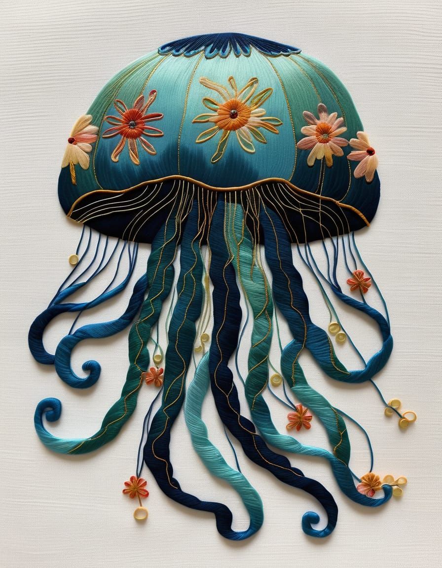 Luminous Fantasy Jellyfish in Crewelwork and Metalwork