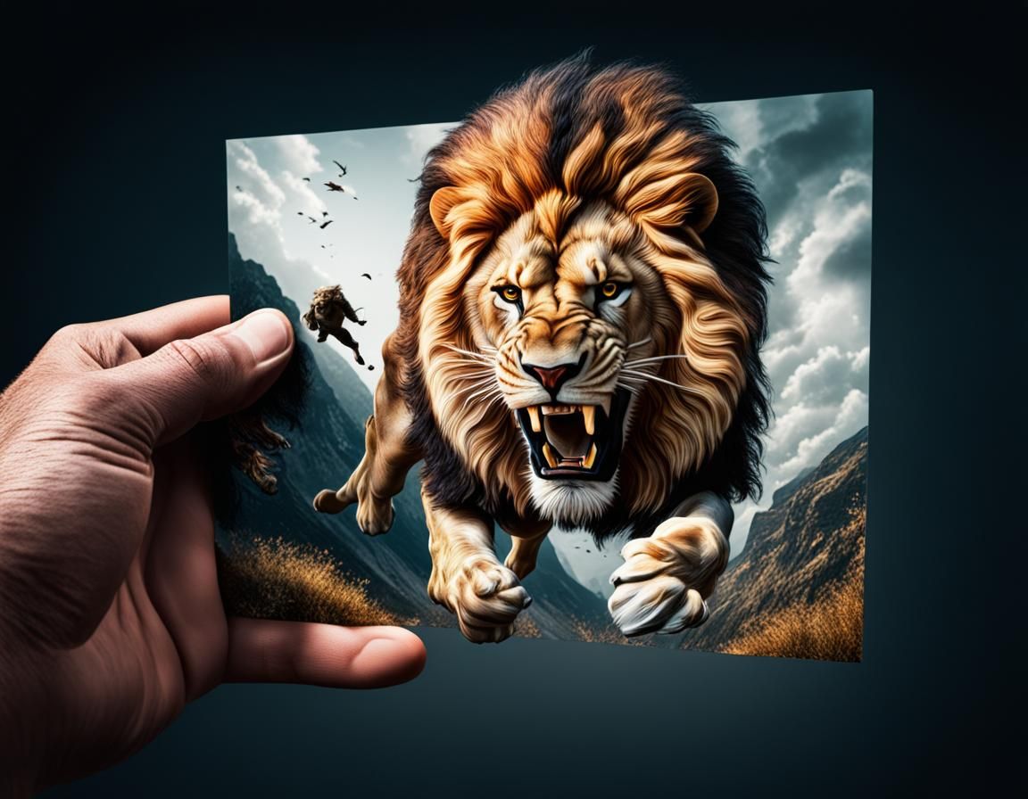Lion Leaps From 3D Postcard in Hyperrealistic Rendering