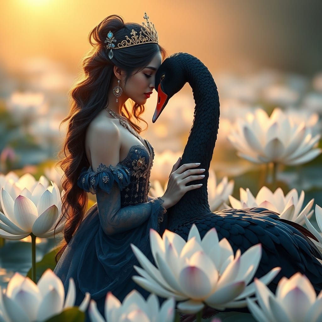 Regal Gentian Flower Princess in Serene Pond Scene with Maje...