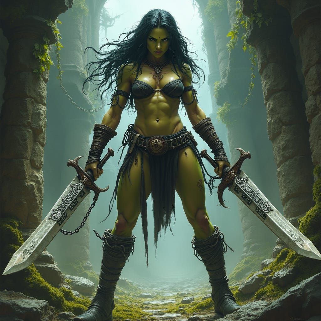 Fierce Half-Orc Barbarian Unleashed in Ancient Ruins