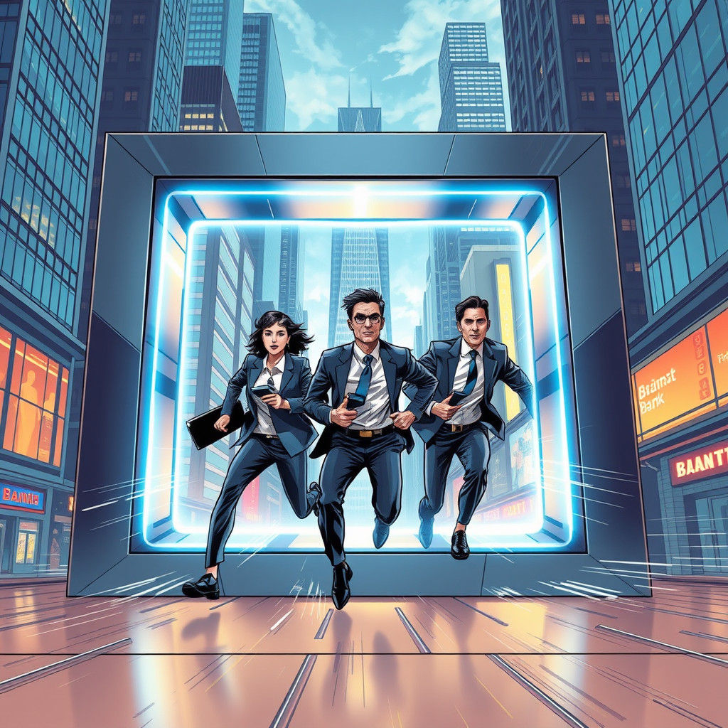 Futuristic Portal: Bank Employees Teleporting in Comic Style