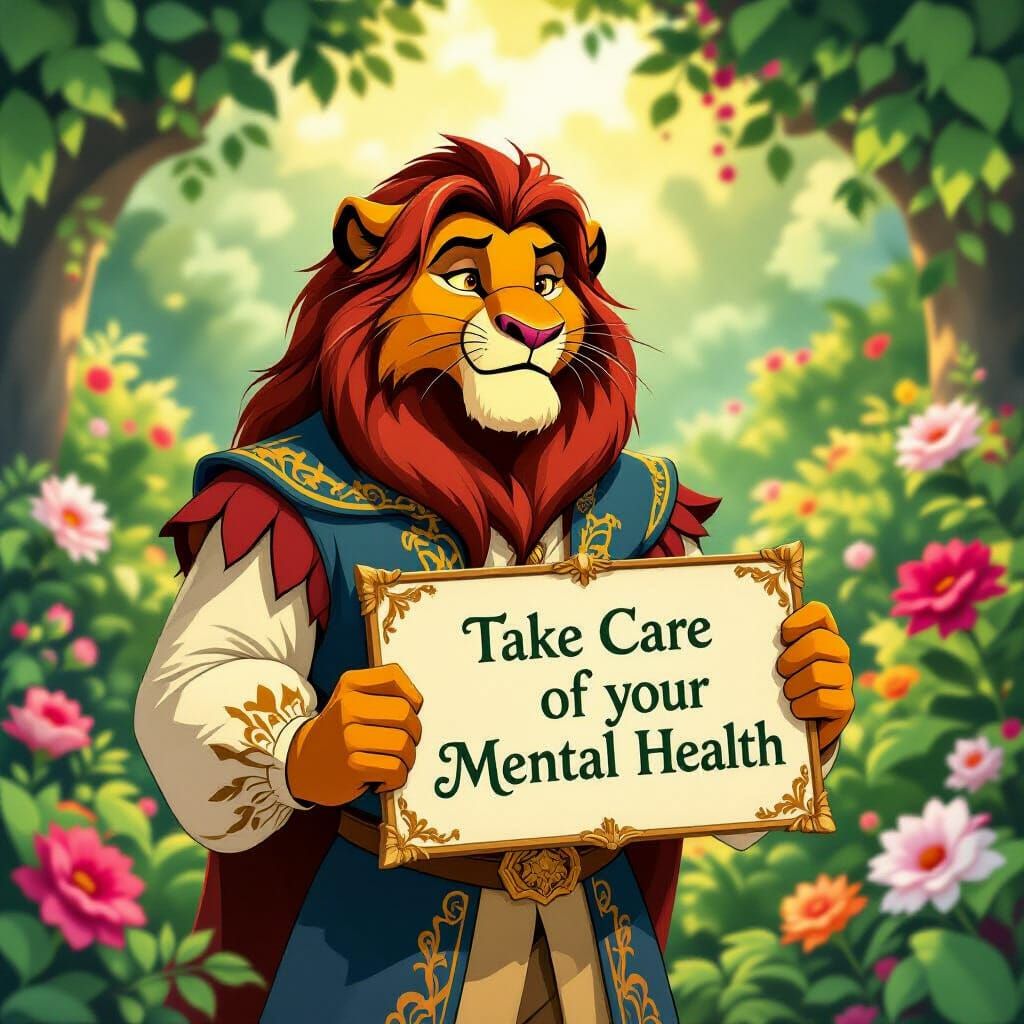 Mufasa in Renaissance Attire Holds a Sign in a Blooming Gard...