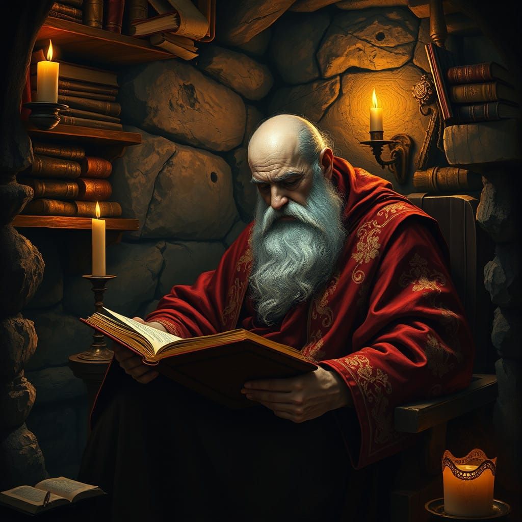 Richly Embellished Sage in Cozy Chamber