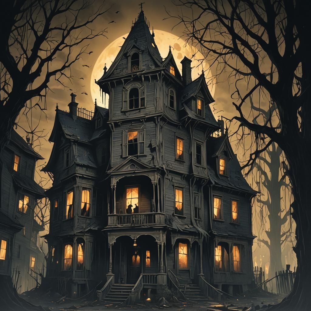 Ominous Haunted House with Pale Apparitions