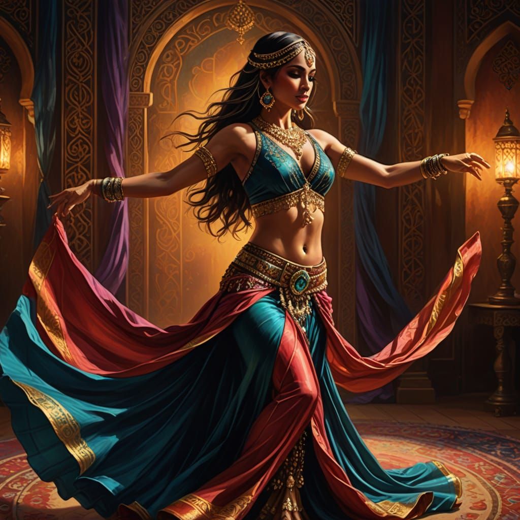 Arabic Belly Dancer in Vibrant Oil Painting Style