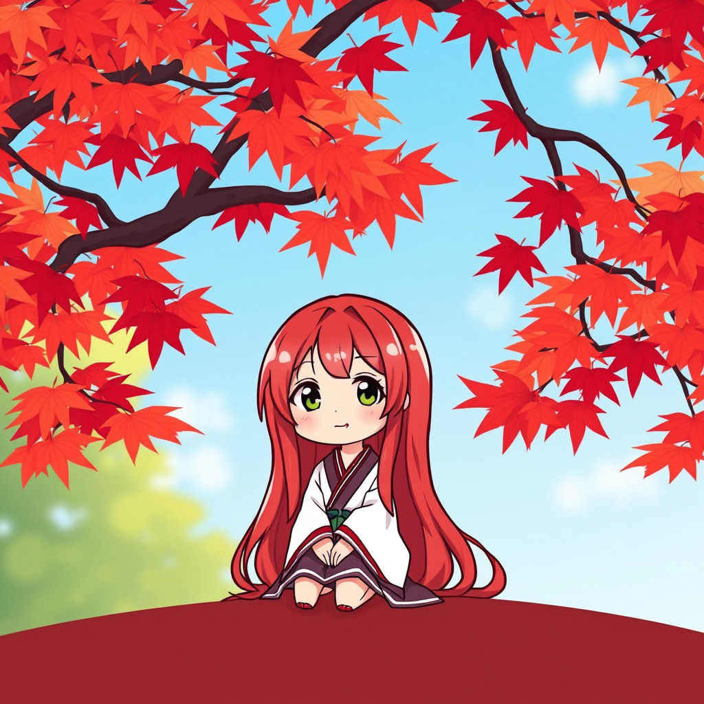 Chibi Woman Enjoys Autumn Under Maple Tree