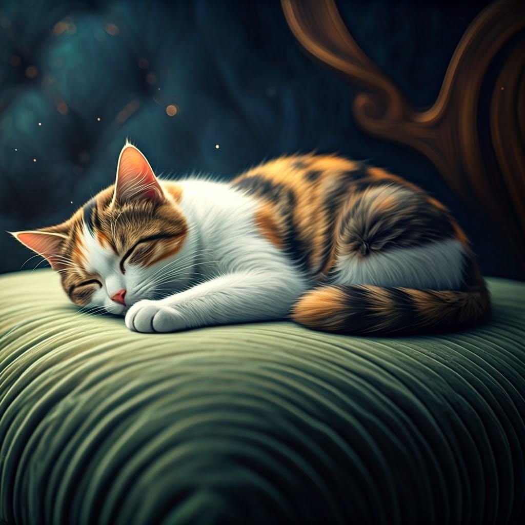 Surreal Calico Cat Slumbers on Velvet Bed