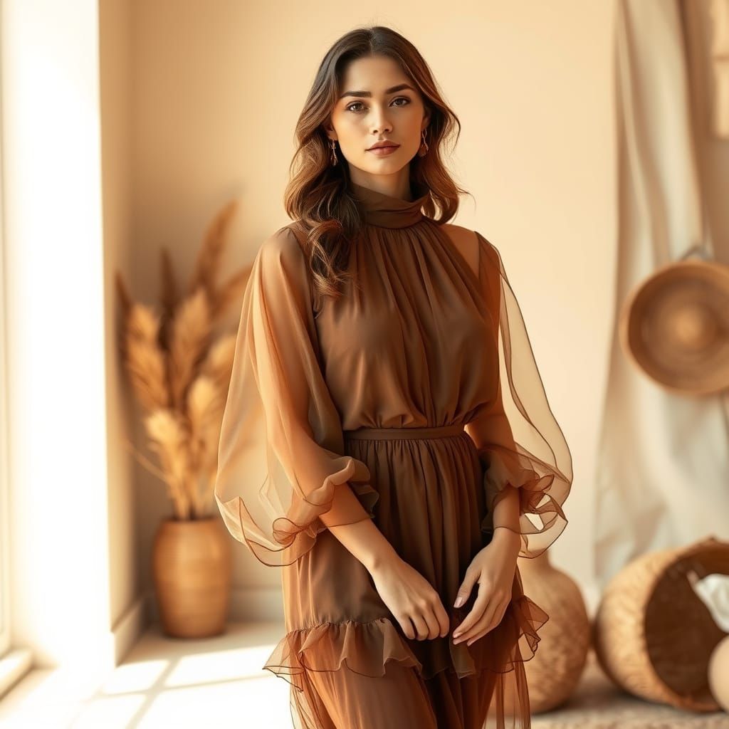Elegant Woman in Translucent Brown Dress in Minimalist Setti...