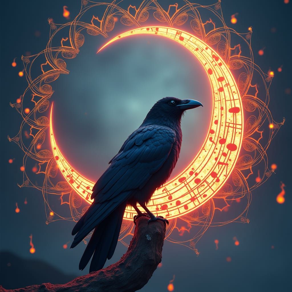 Mystical Raven and Moon Mandala in Fantasy Style