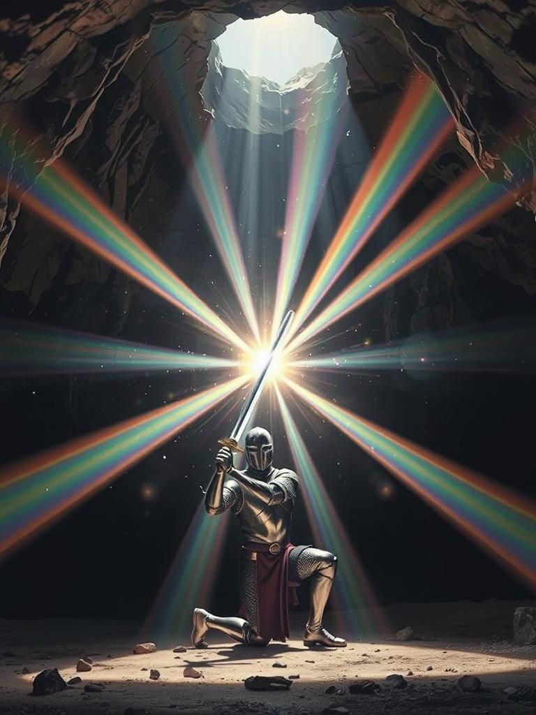 Knight and Rainbow Prism Sword in Dark Cave