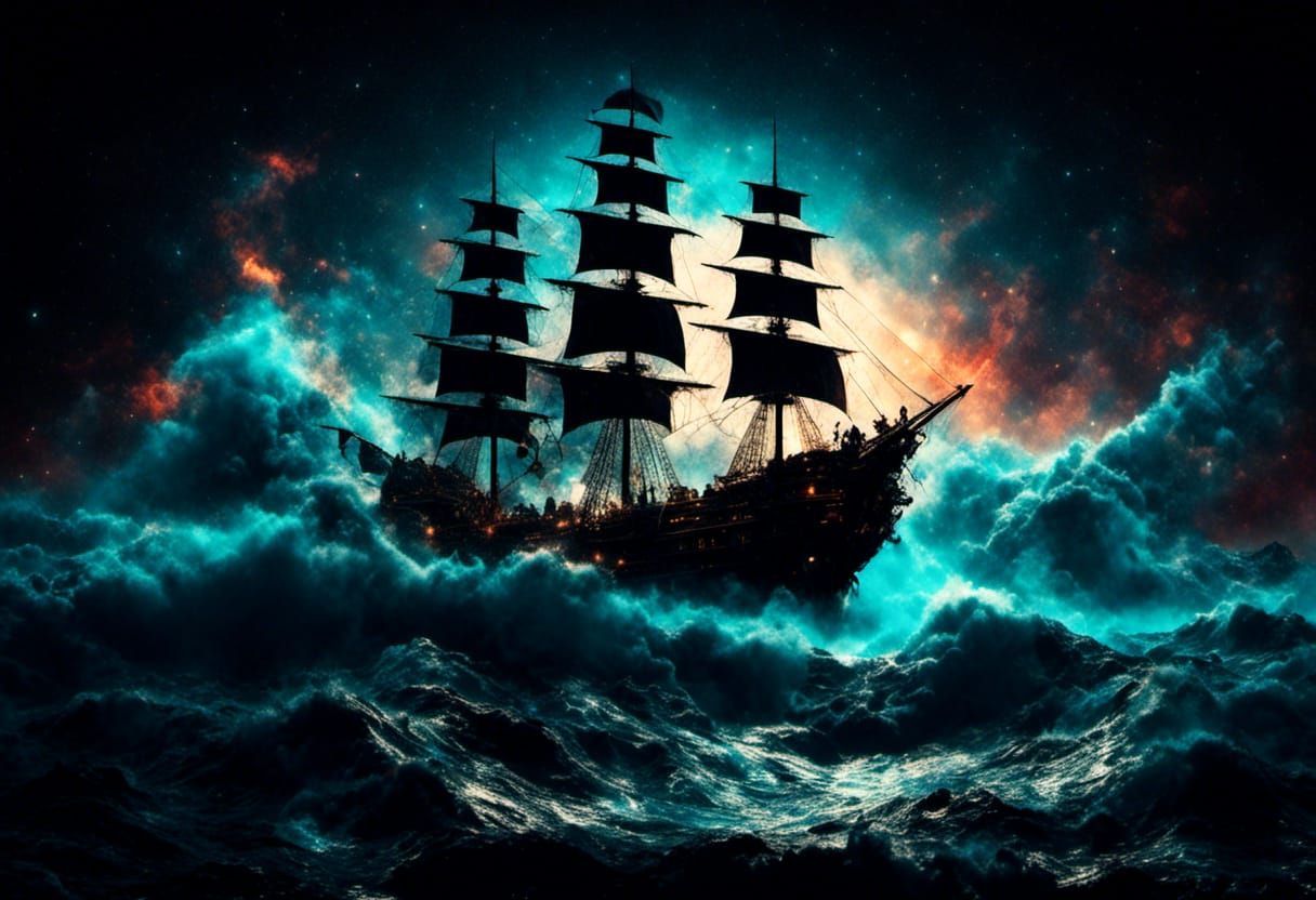 Galactic Pirate Ship on Rocky Blue Sea
