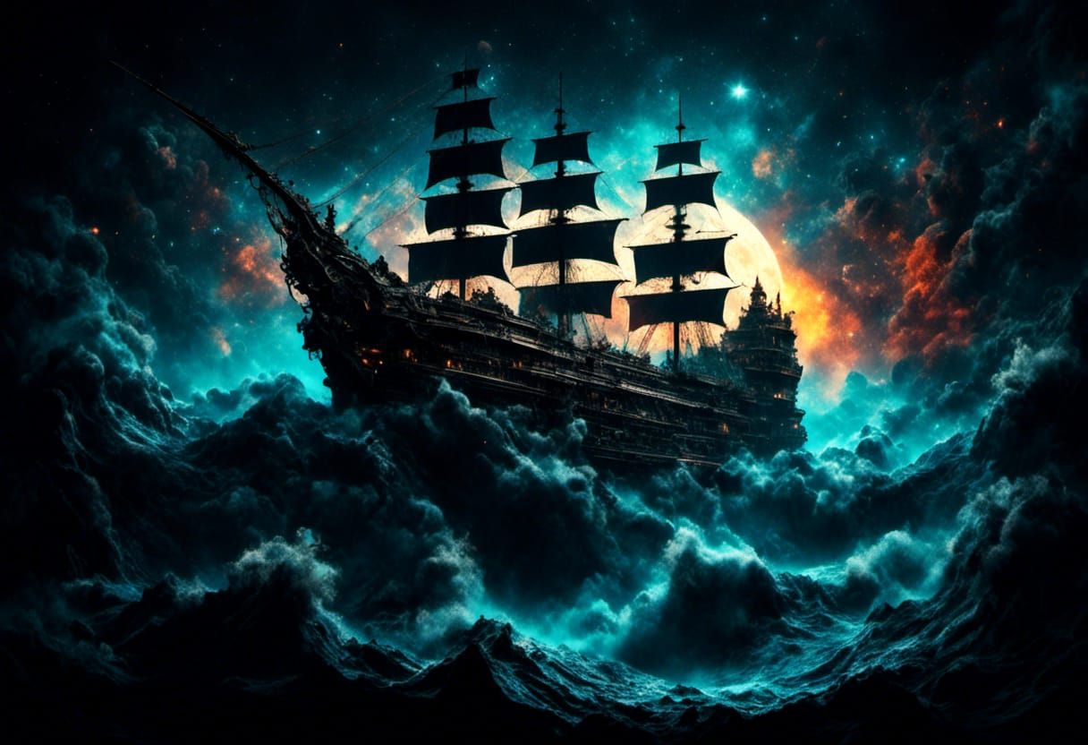 Galactic Pirate Ship on Rocky Blue Sea