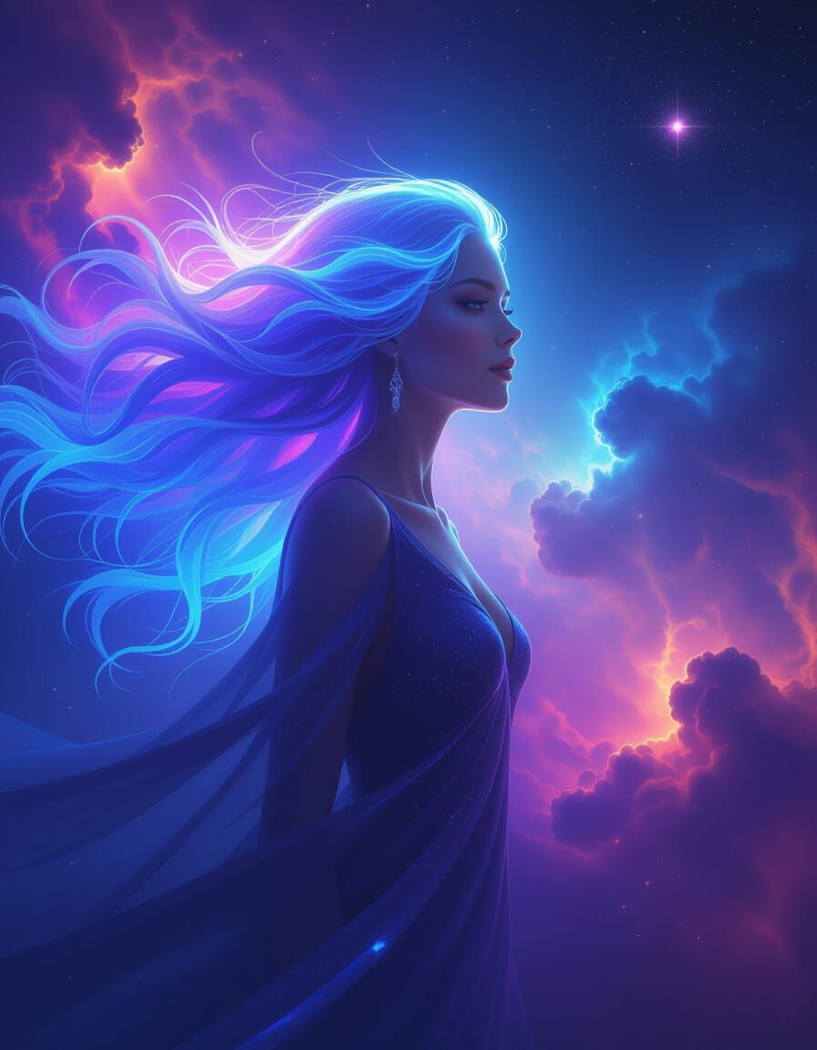 Ethereal Woman in Cosmic Nebula, Stardust Form