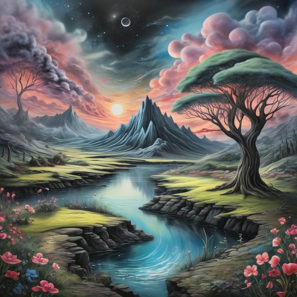 Surreal Dreamscape Landscape in Charcoal Sketch Style