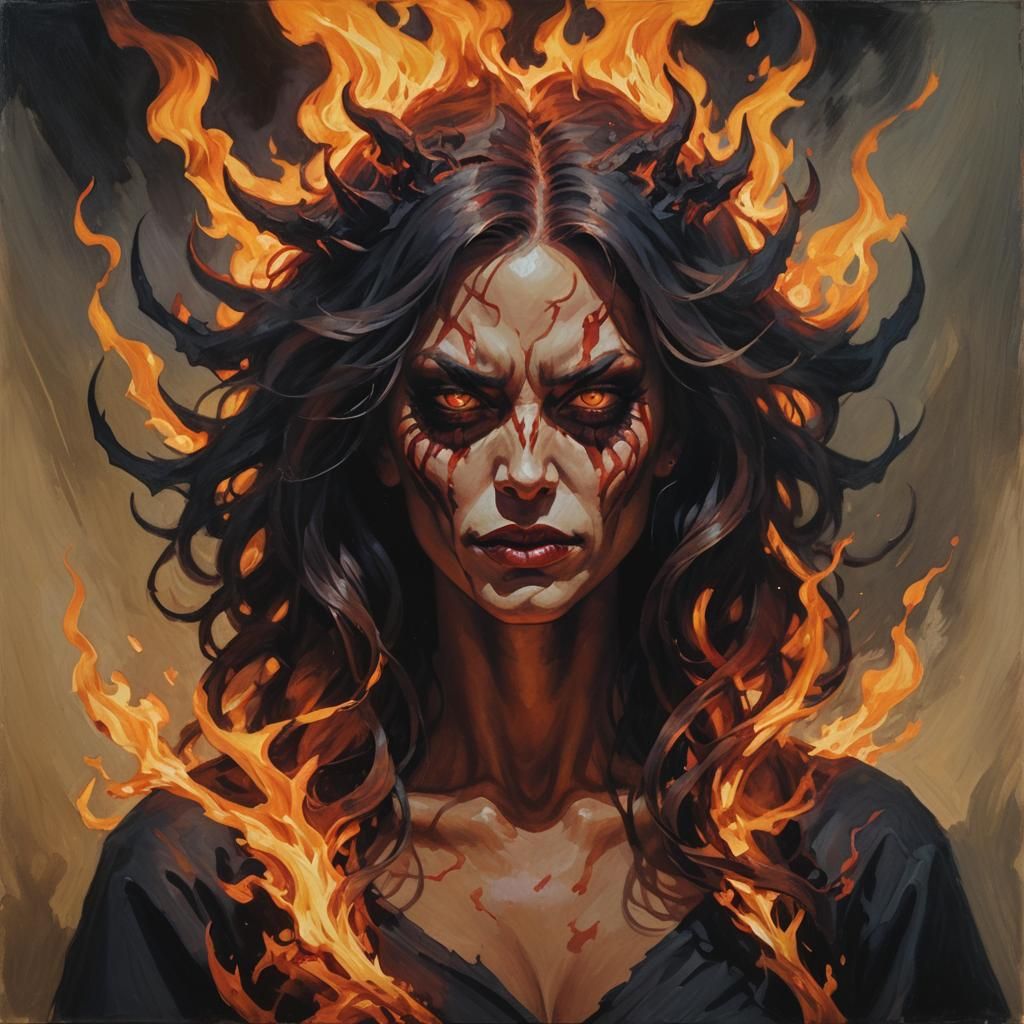 Fiery Portrait of a Demonic Woman
