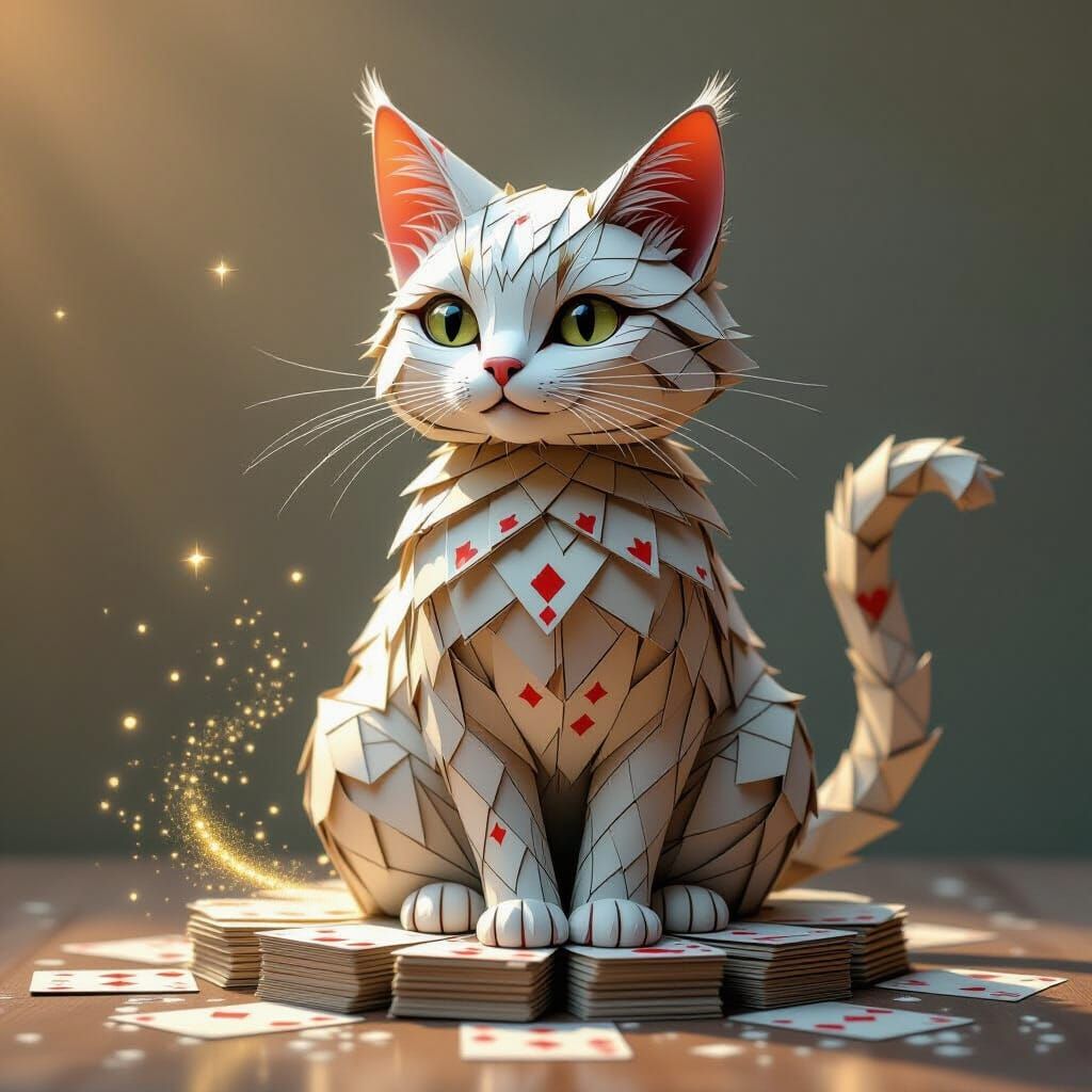 Whimsical Cat Sculpture Made of Playing Cards