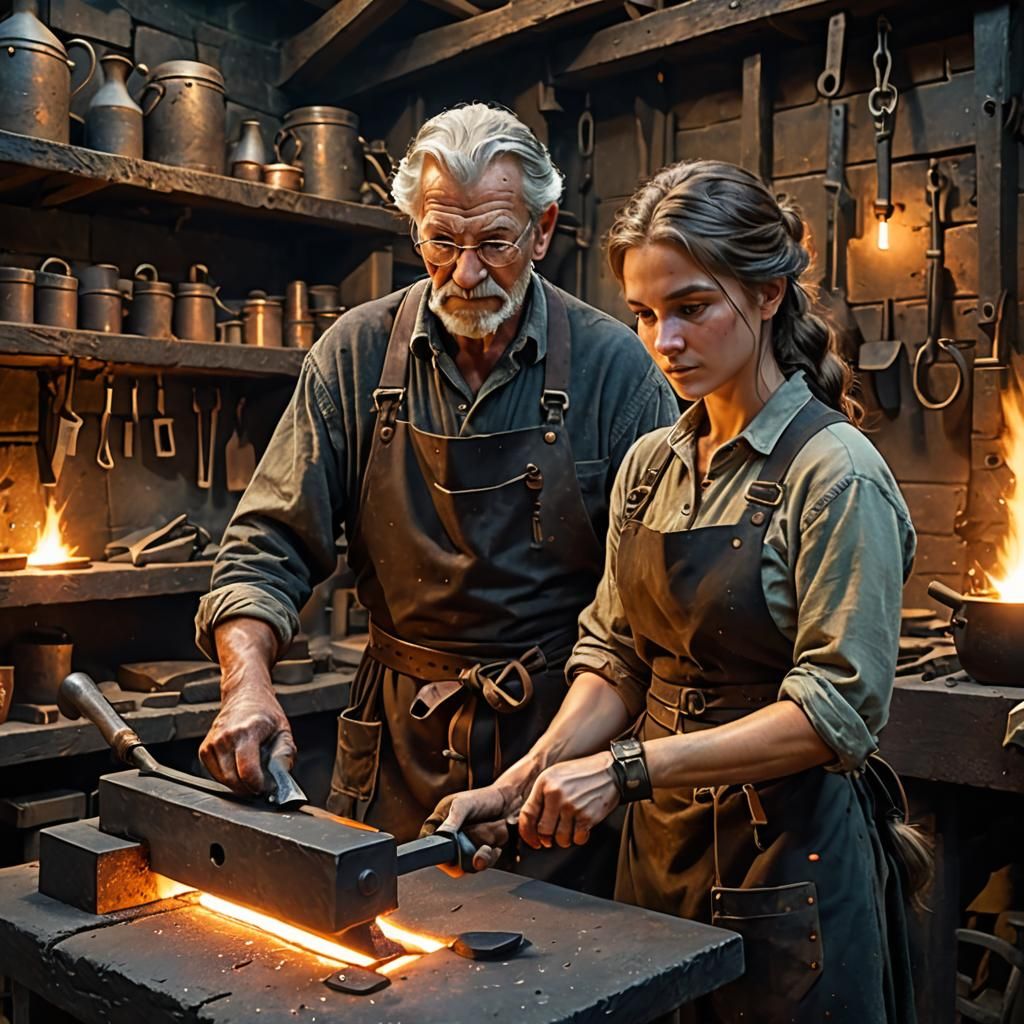 Blacksmith Master and Apprentice in Dim Forge