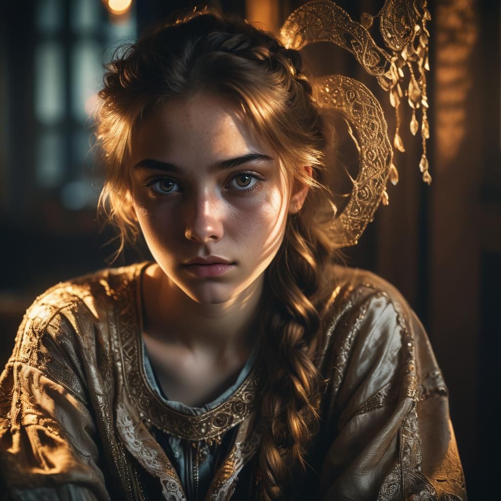 Moody Portrait of a Teenage Girl in a Dimly Lit Room