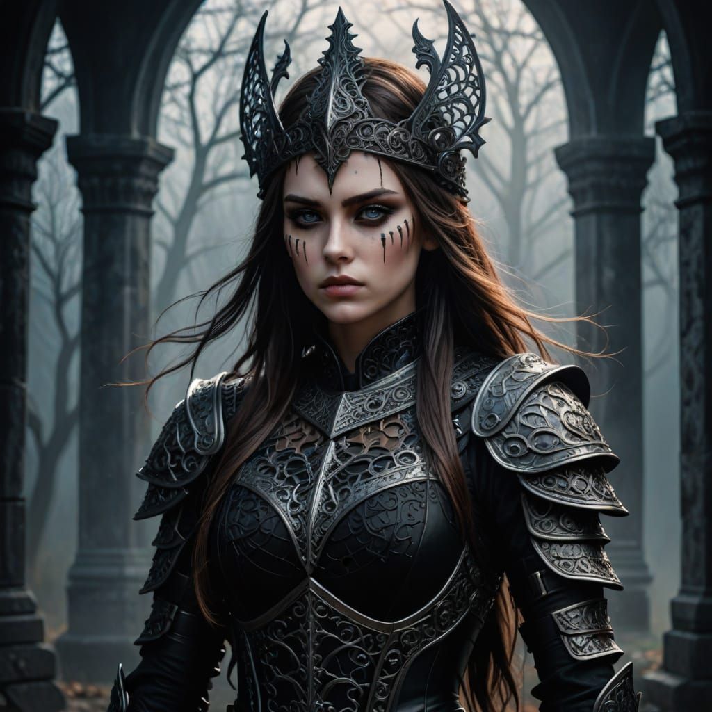 Serene Dark Fantasy Warrior in Intricate Black Armor