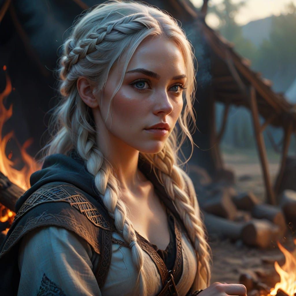 Viking Goddess Radiates Warmth Beside Campfire