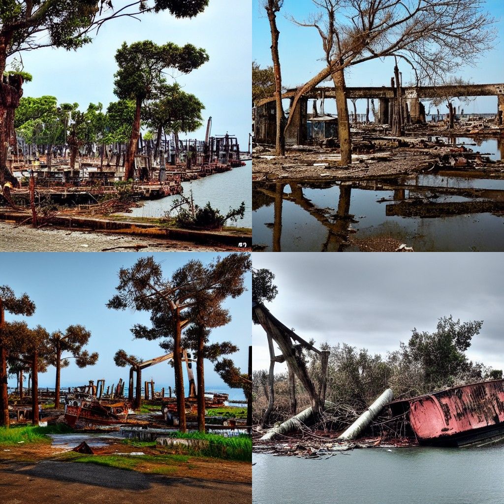 Abandoned Port with Wrecked Ships and Trees