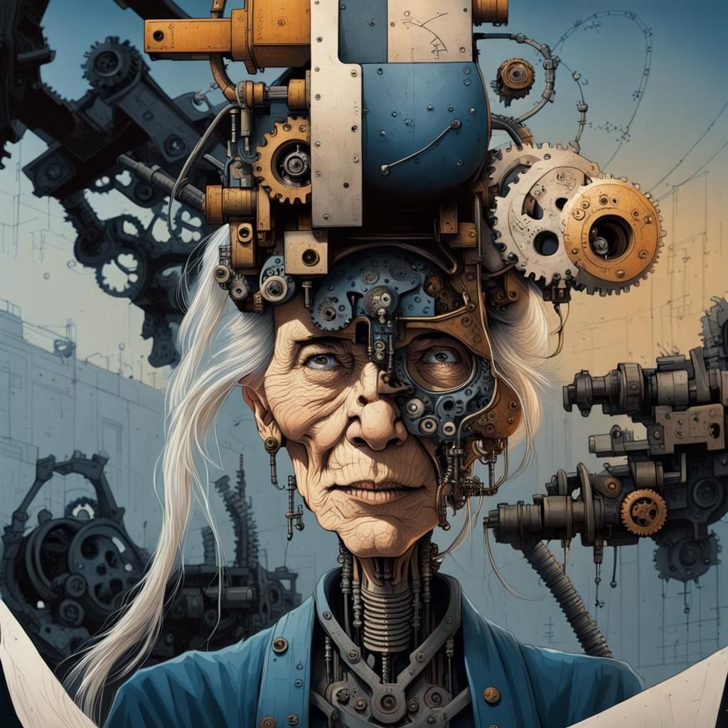 Cyborg Elder with Mechanical Parts, Hyperrealistic Drawing