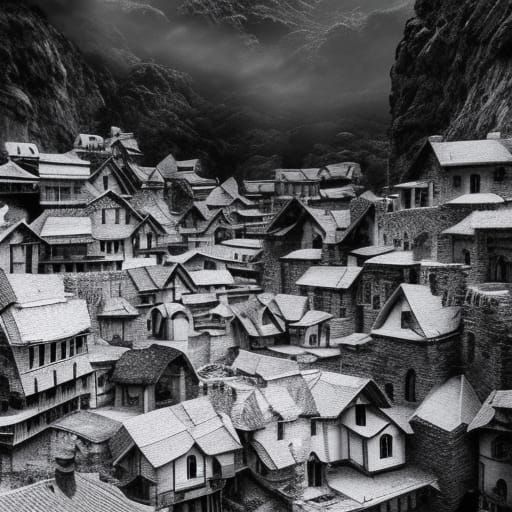 Monochromatic Stone Village in Mountain Landscape