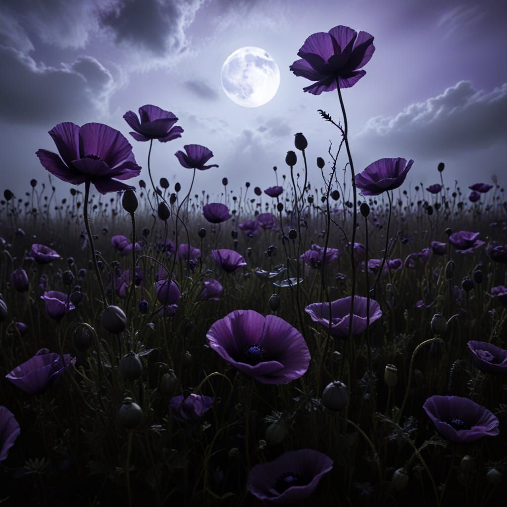 Surreal Purple Poppy Field in Moody Lighting