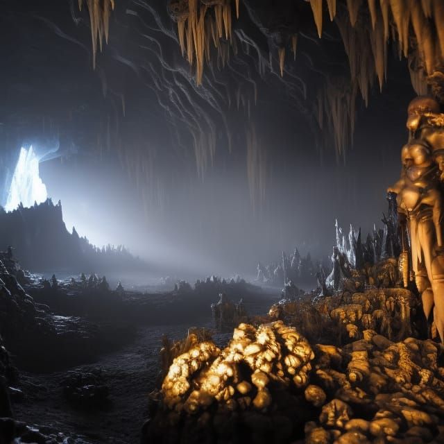 Dark Cave with Dragon Skulls: Photorealistic Illustration