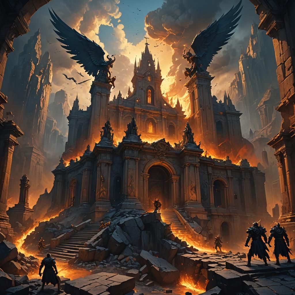 Angels and Demons Clash in Fiery Landscape