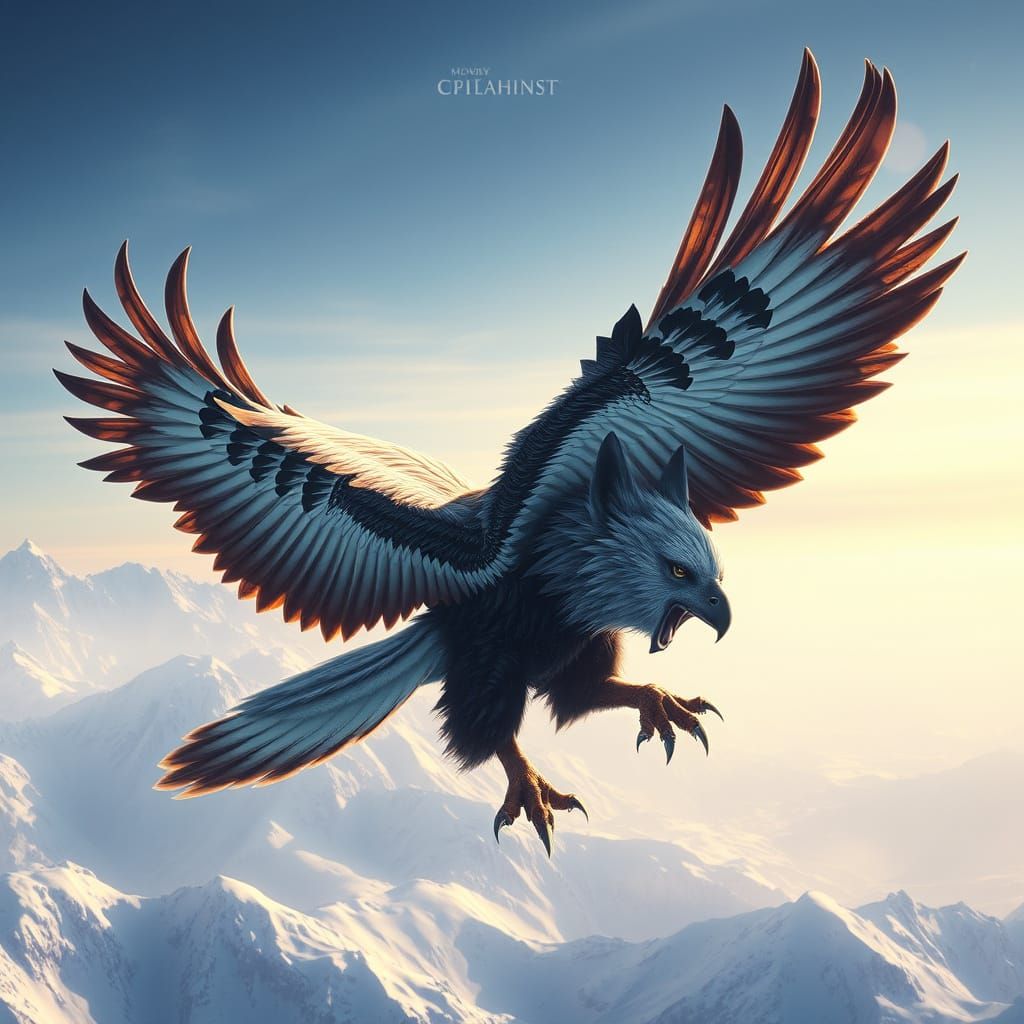 Wolf-Eagle Hybrid Soaring Over Frozen Mountains