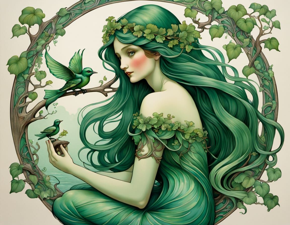 Art Nouveau Mermaid on Oak Tree with Magical Bird