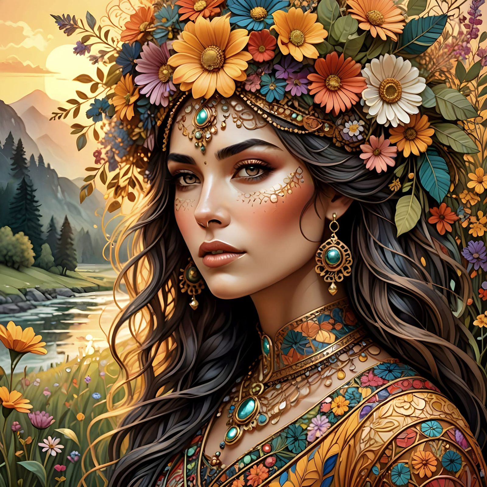 Exotic Gypsy Woman in Wildflower Meadow