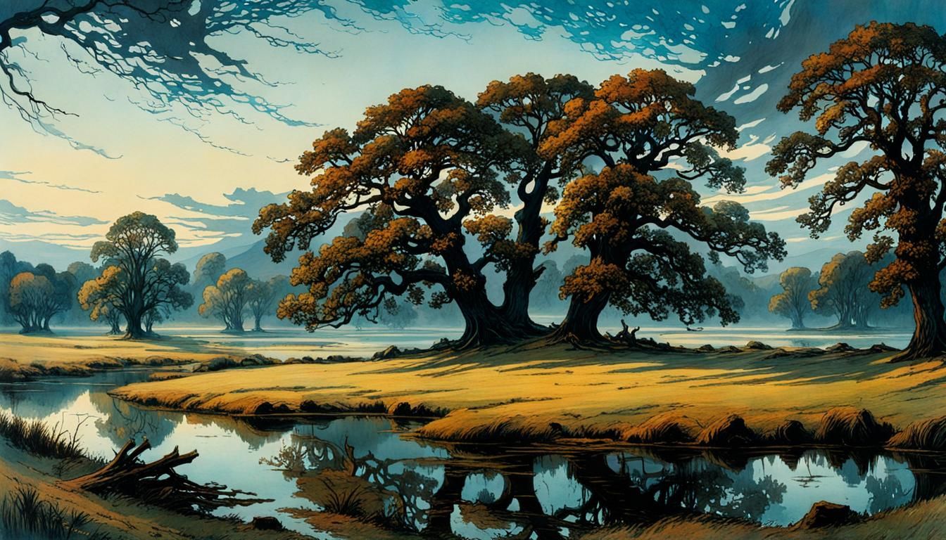 Lake Landscape with Oak Trees in Dreamlike Style