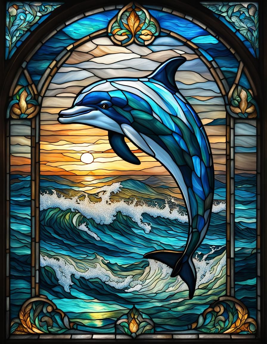 Stained Glass Dolphin Leaping from Ocean