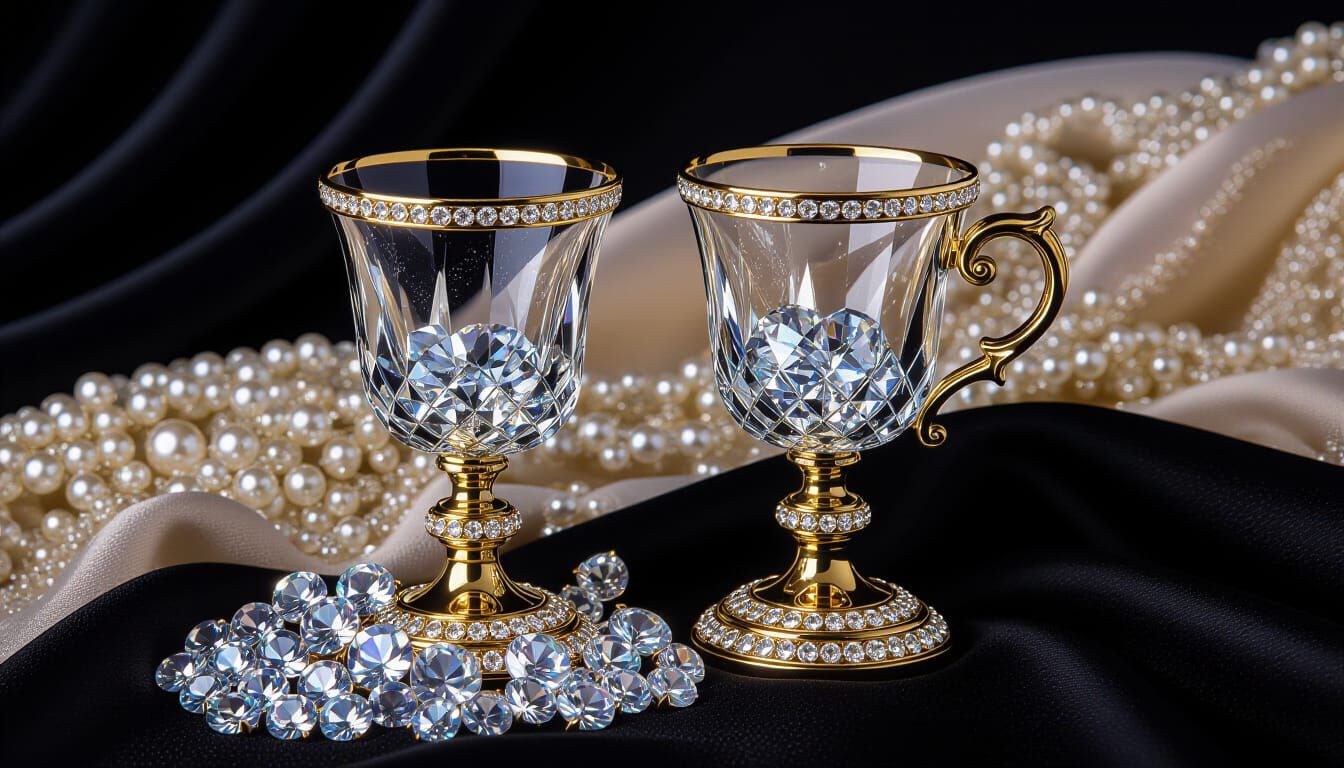 Two Crystal Glasses with Jewels on Silk