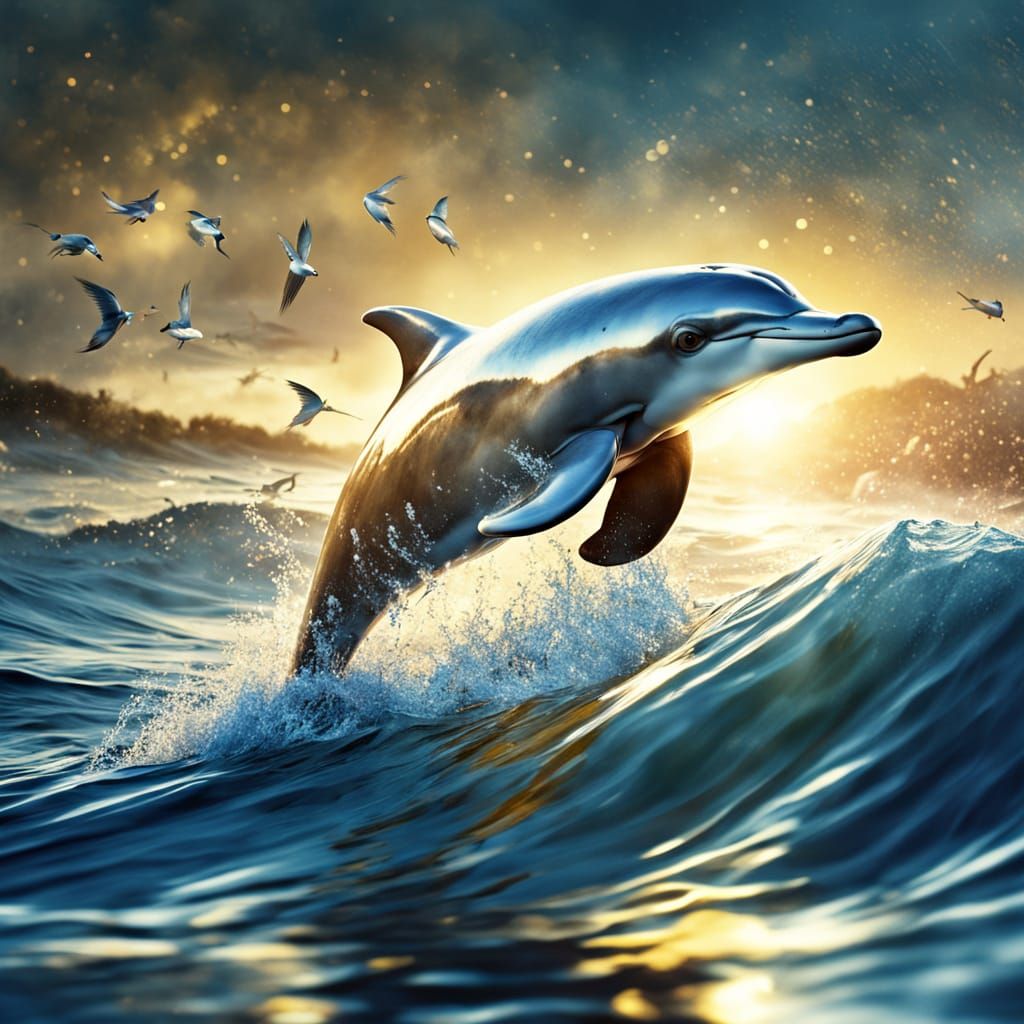 Golden Dolphin Leaps Through Sparkling Waves