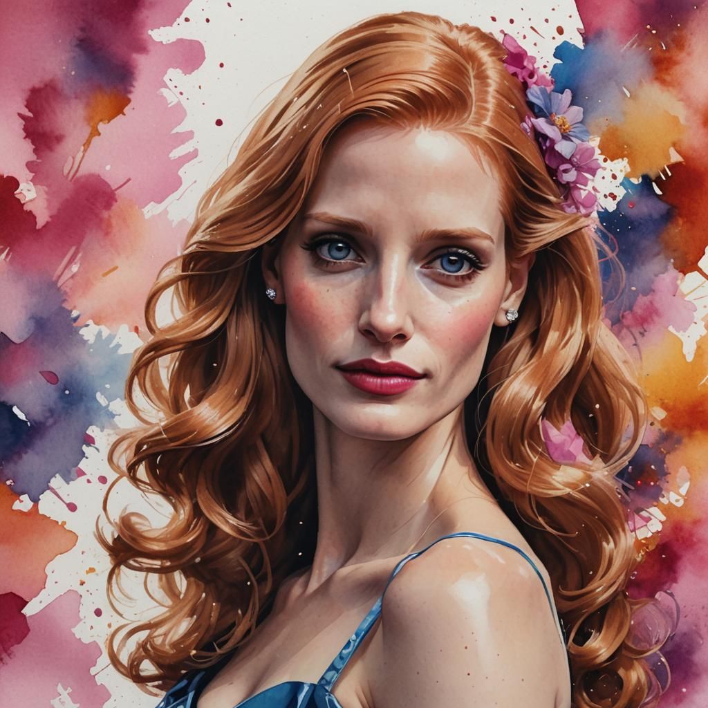 Jessica Chastain Barbie: Hyperrealistic Watercolor Portrait
