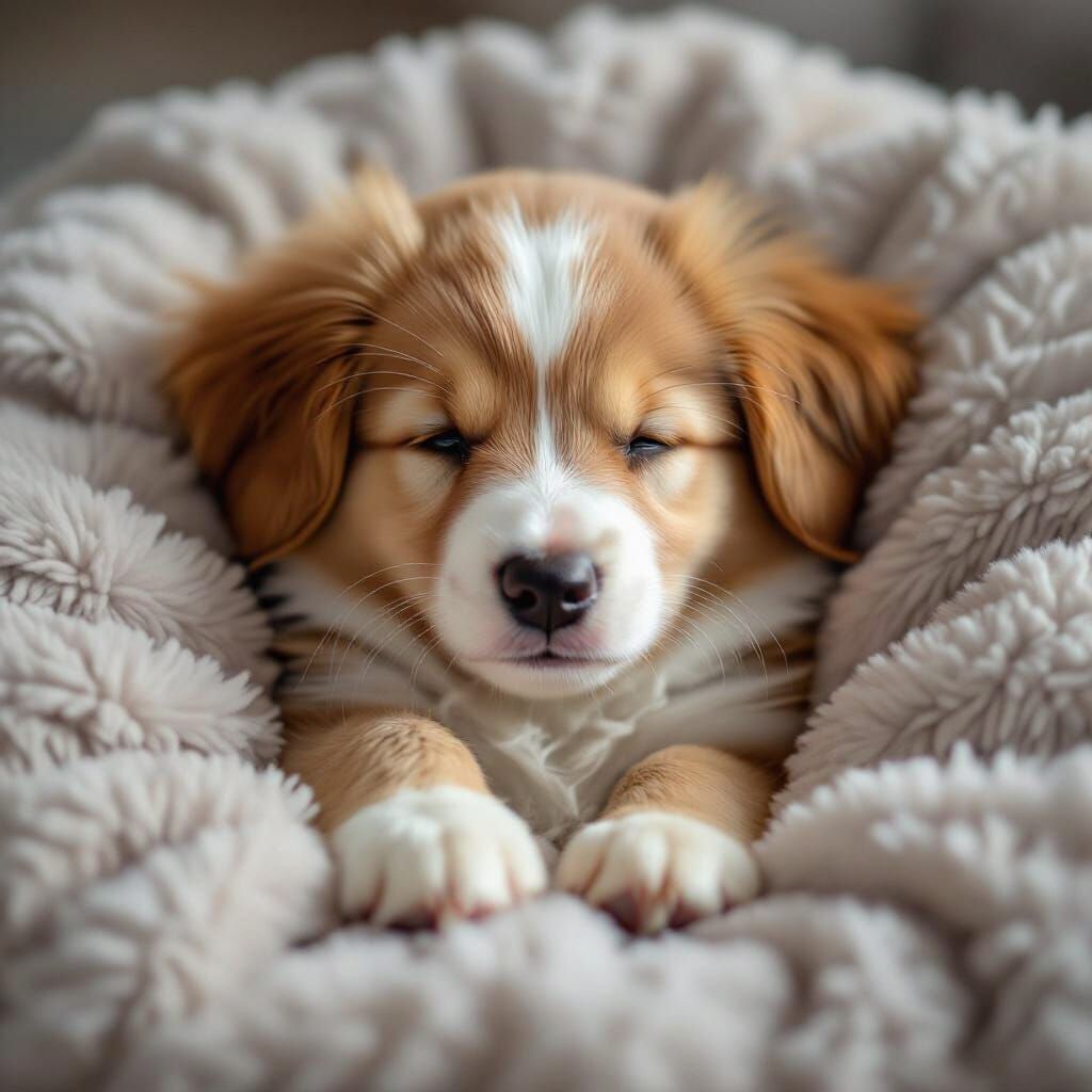 Adorable Puppy Resting in Fluffy Bed, Golden Hour