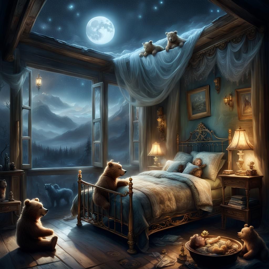 Goldilocks and Three Bears in Mystic Moonlight