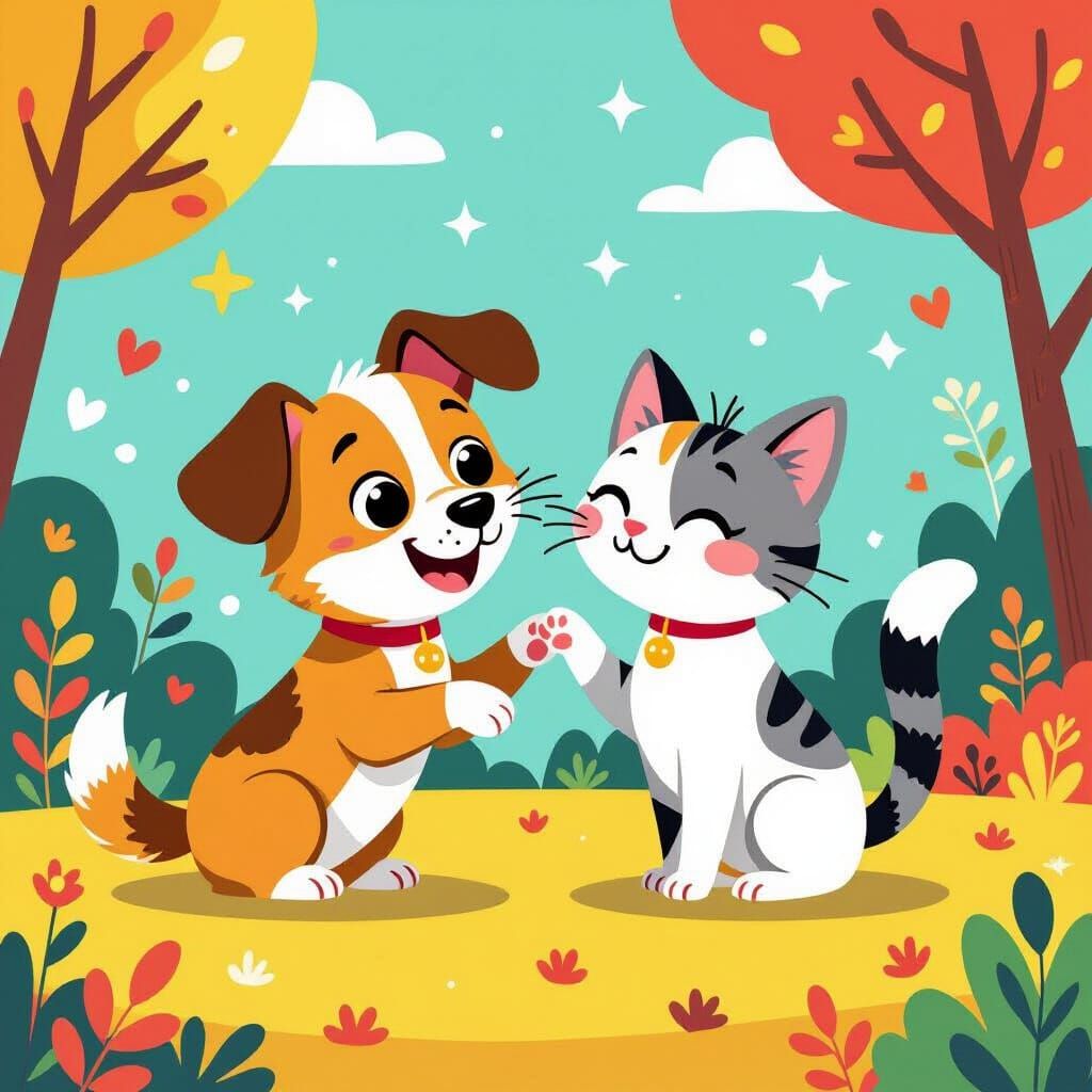 Dog and Cat Cartoon Friends in Whimsical Style