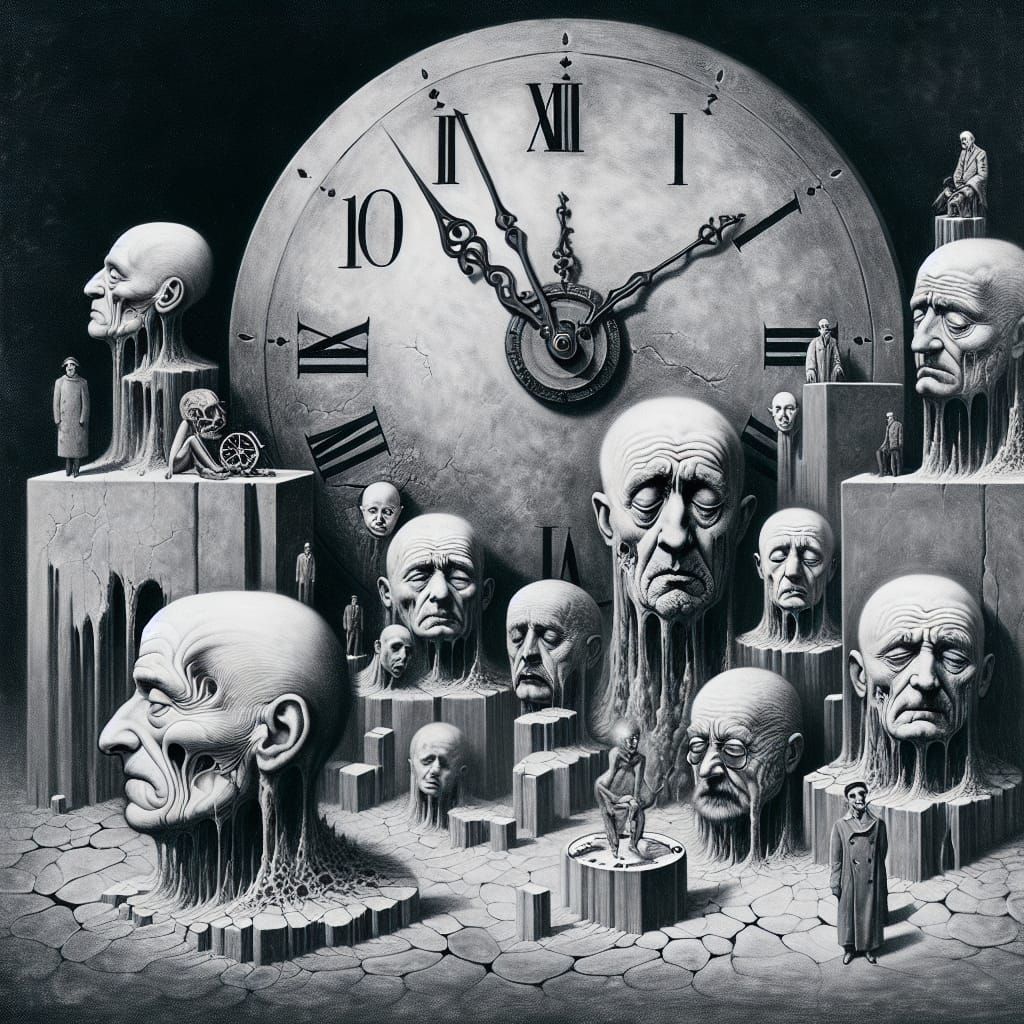 Surrealistic Fate: Weary Figures in a Dreamlike Landscape