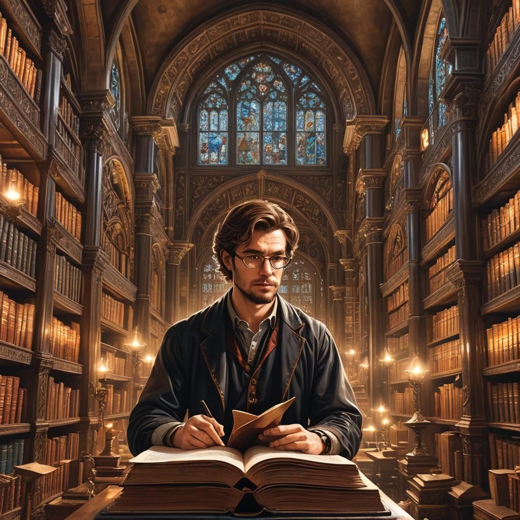 Man Studying in Magical Library as Matte Painting